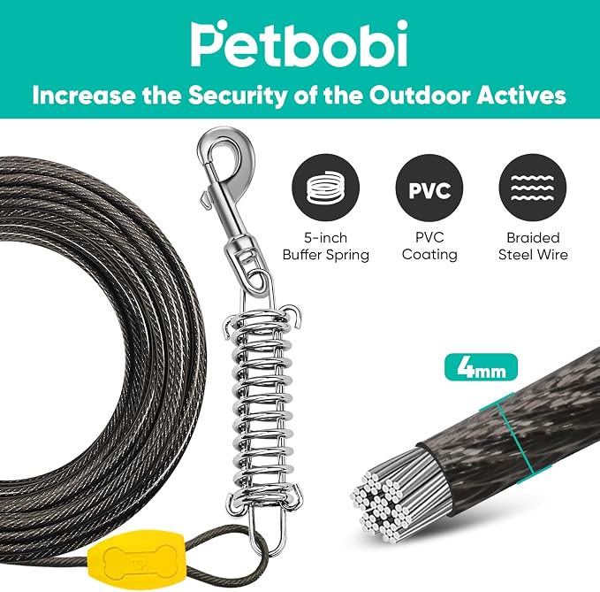 Petbobi Dog Tie Out Cable and Stake, 50ft Heavy Duty Dog Leads for Yard | 4in Shock Spring, 16in Spiral Ground Anchor, 360° No-Tangle Swivel, Chew-Proof Rustproof Wire, Up to 120 lbs, Outdoor Camping - Image 2