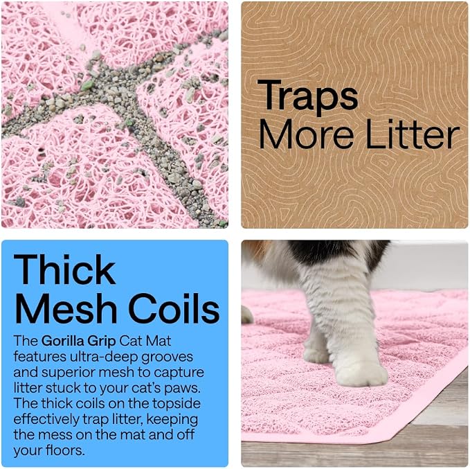 GORILLA GRIP Cat Litter Box Mat, Cushioned Coil Mesh Litter Trapping Mats, Scatter Control Supplies for Less Mess, Phthalate Free, Ultra Deep Catch Grooves, Rinse or Vacuum to Clean, 17x11 Light Pink - Image 3