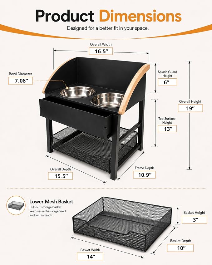 Elevated Dog Bowls for Large Breed Dogs with Storage Basket, 13 Inch Tilted Raised Dog Bowl Stand with Stainless Steel Bowls, Metal Dog Feeding Station - Image 6