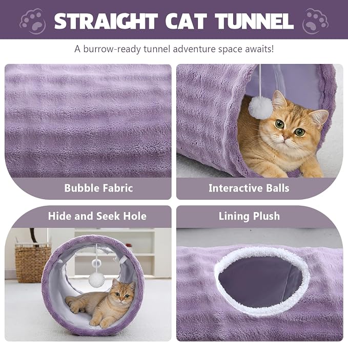 Straight Bubble Cat Tunnel for Indoor Cats 47"x12", Dusty Purple | Cute Cat Toys, Collapsible Tunnel Tube with Hanging Balls for Puppy Kitten Rabbit - Image 2