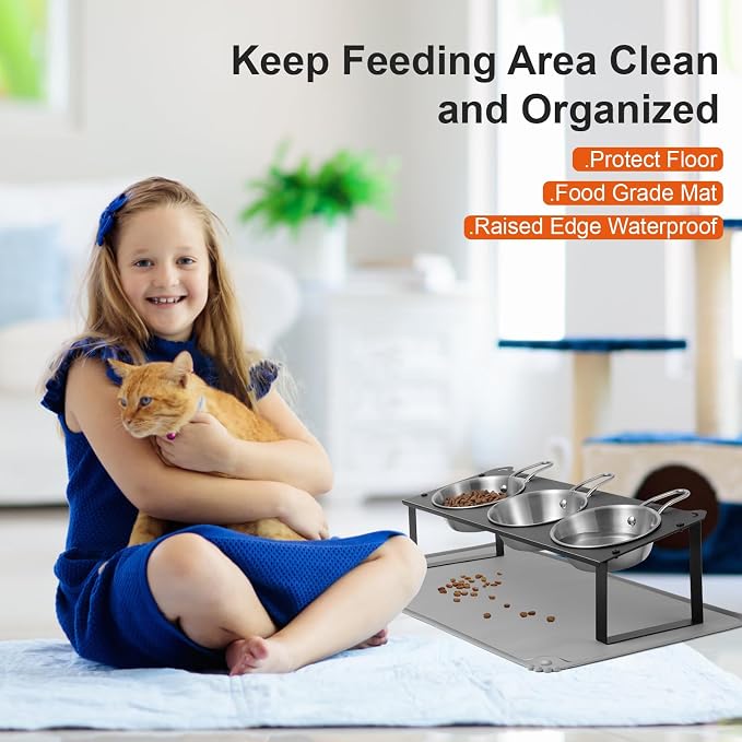 Elevated Cat Bowls with Food Mat, 10°Tilted Non-Slip Raised Cat Food Water Bowls Set, 3 Thick Stainless Steel Pets Dishes with Handles to Indoor Kitten Puppy, Anti-Vomiting Cute Metal Feeding Stand - Image 5