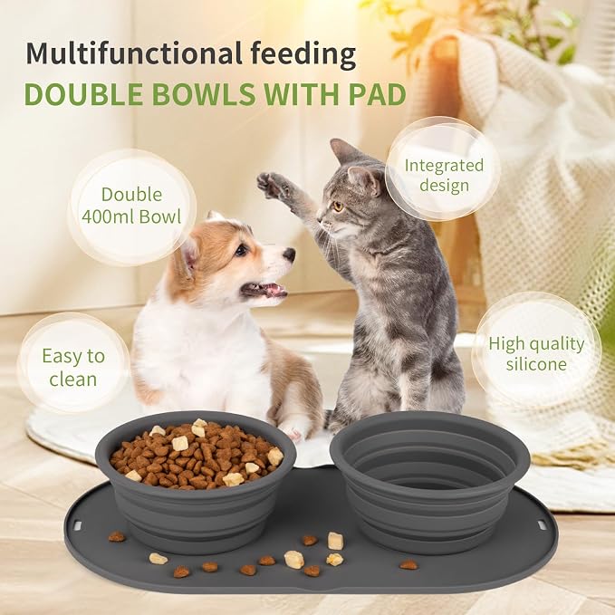 Puppy Dog Bowl,Travel Bowls Dog Food Bowls&Dog Water Bowls,No Spills,Collapsible Double Bowl,Suitable for Small and Medium Sized Dogs(Dark Grey) - Image 2