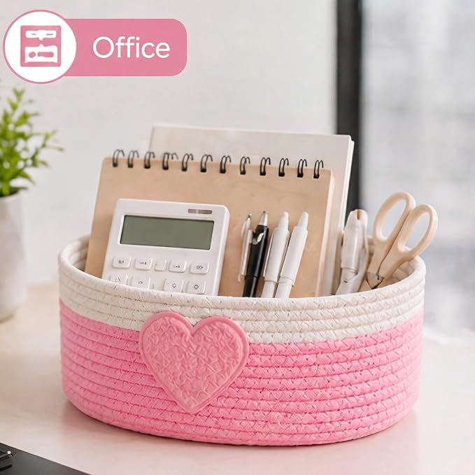 Geelin 3 Pcs Pink Heart Baskets for Gifts, Woven Rope Storage Bins | Rope Design with Heart Decor, Great for Bedroom Shelf Organizing, Nursery Toys, Laundry, Oval 11.8"x7.8"x4.7" - Image 2