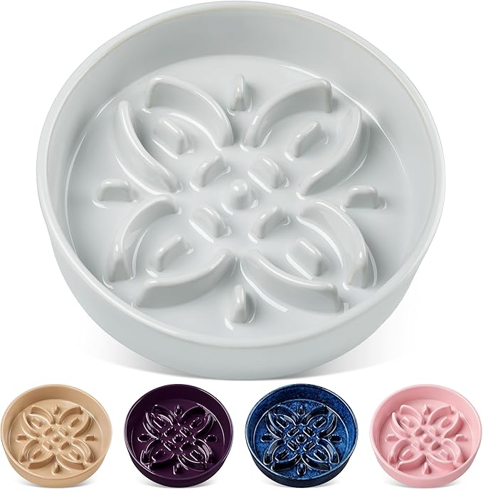 vancasso Ceramic Slow Feeder Dog Bowls, Puzzle Dog Food Bowls with Floral Maze, Anti -Slip Pet Food Dish for Large Breed, 3 Cups, Grayish Cyan by vancasso
