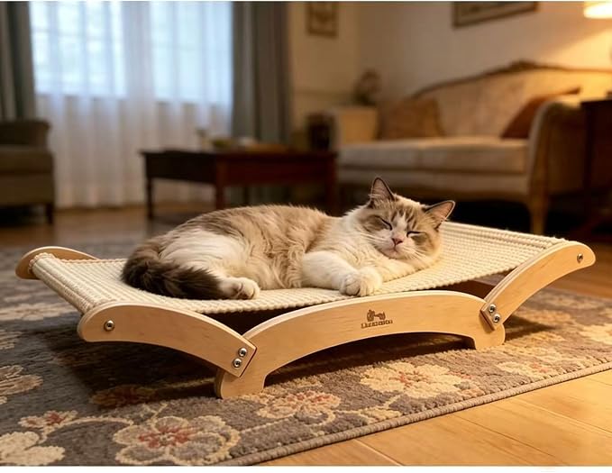 Extra-Large Sisal Cat Scratcher Bed for Indoor Cats, Cat Scratching Post with Hammock Nartural Sisal Scratch Pad for Large Cats Scratcher Lounge Chair, Wooden Cat Furniture (Light Nartural) - Image 6