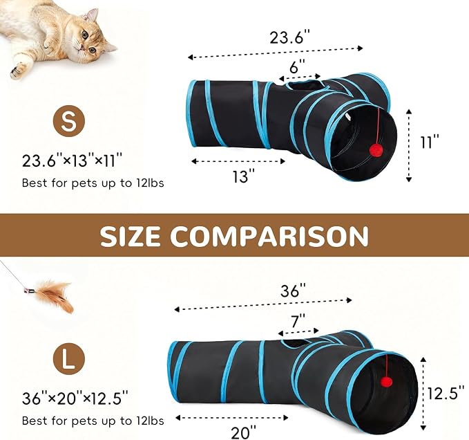 Tempcore Cat Tunnel for Indoor Cats, 3 Way Collapsible Pet Play Tunnel with Teaser Wand, Peek Holes & Hanging Ball, Interactive Tube for Kittens & Rabbits, Black & Blue Large Size - Image 2
