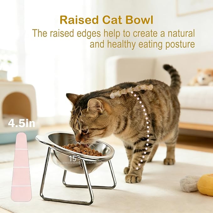 Elevated Cat Bowl, 5.9" Wide Raised Cat Dishes,15° Tilted | Stainless Steel Puppies Bowl,Whisker-Friendly,Food and Water Bowl,Anti-Vomiting,Neck Stress-Free Bowl Stands,Dishwasher Safe - Image 3
