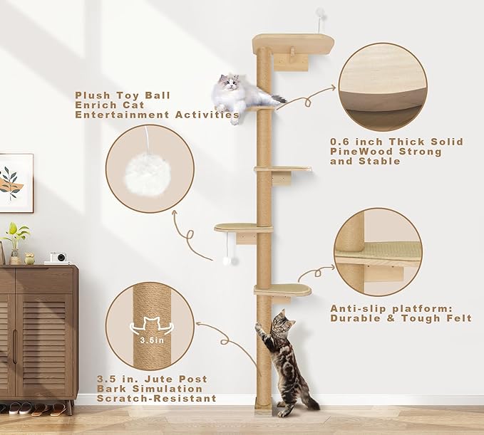 Wild Simulation Cat Tree for Kittens, 5-Level Floor to Ceiling Cat Wall Shelves with Sisal Mat Platforms, Rotating Wall-Mounted Climbing Tower for Scratch, Lookout & Perch - Image 3