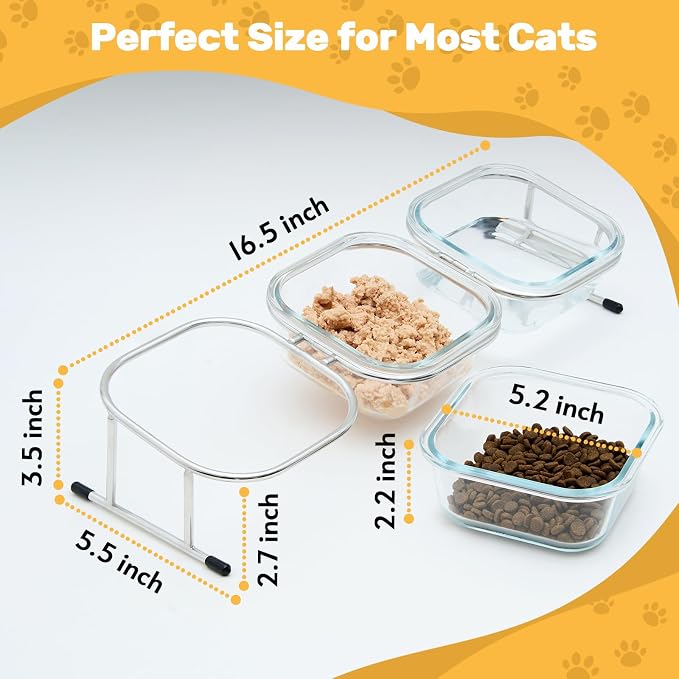 Elevated Cat Bowls, 15° Tilted Glass Raised Cat Food and Water Bowl | Stainless Steel Stand, 3 Large Capacity Glass Cat Bowls and 4 Anti Slip Feet, Suitable for Cats and Little Dogs - Image 7