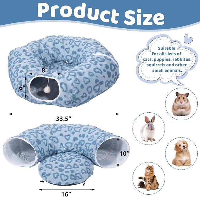 Cat Tunnel Bed, Cute Cat Tunnel Toy with Washable Cushion, Fits Indoor Cats up to 25 lbs, Cute Peekaboo Cave Pet Bed for Kittens, Rabbits, Blue Heart - Image 3