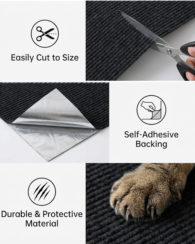 Corner & Wall Cat Scratch Mat, Self-Adhesive Trimmable Cat Scratcher, Wall Mounted Scratching Pad for Indoor Cats, Sofa Furniture Protector, Cat Post Cover Replacement (Black, 23.6''x11.8'', 3-Pack) - Image 3
