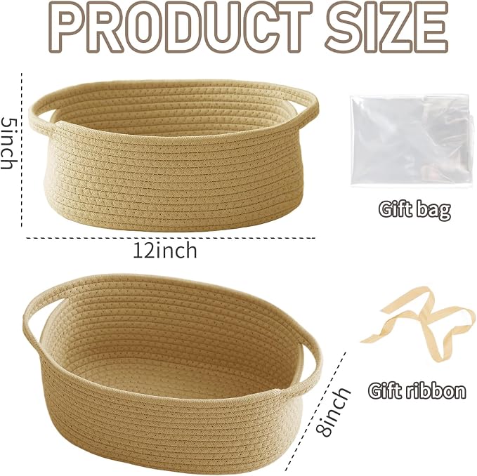 JMvicyroam Small Woven Basket, Empty Gift Basket, Jute/3 Pack | Small Gift Basket, Cotton Rope, 12 x 8 x 35 in, Handles, Includes Ribbon and Bag, Birthday Gift Basket - Image 2