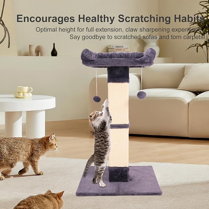 34" Cat Scratching Post for Indoor Cats, Sisal Cat Scratcher with Large Plush Perch, Vertical Posts with Elevated Bed and with Two Dangling Balls, Removable & Washable Cover, Dark Grey - Image 3