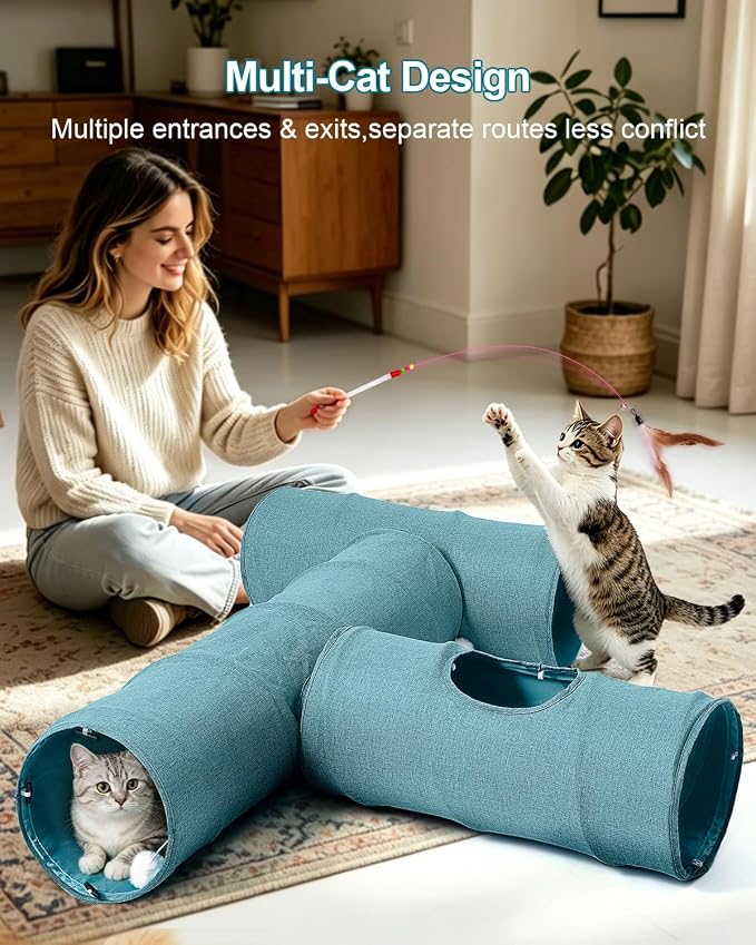 Cat Tunnel, 3 Straight Shaped Tunnels 6 DIY Shapes with Wand Toys, No Noise Scratch Resistant Cool Linen Fabric, Interactive Pet Tunnel Tube for Indoor Cats, Puppy and Rabbits - Image 3