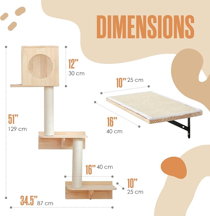 Wall Mounted Cat Tree, Cat Wall Climber, Kitty Climbing Shelves 51 x 35 in | Houseables Kitty Furniture Shelves, Floating House, Stairs, Mount, Climber, Condo, Playground, Obstacle Course, Indoor Gym - Image 2
