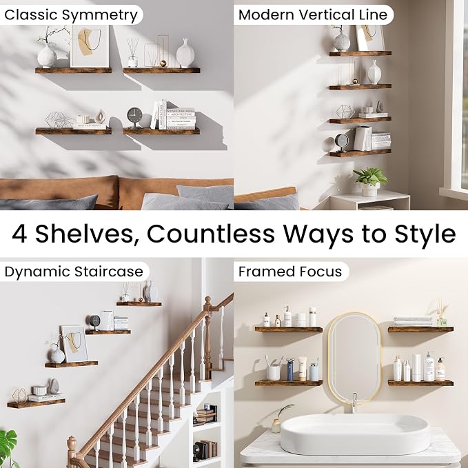 BAYKA Rustic Brown Floating Shelves 15.7in, Set of 4, Wall Mount Wood Shelf | Easy Install, 22lbs Max Load, Hidden Bracket, Hanging Shelf for Books Storage/Room Decor, Multi-Wall Compatible - Image 9