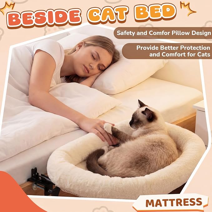 Lewtemi Bedside Pet Bed, Hanging Cat Hammock Attached to Bed or Desk, Adjustable Lounge with Heavy Duty Metal Frame, Soft Plush Guardrail, Stable Supports up to 44 Lbs for Large Cats(Cream) - Image 2