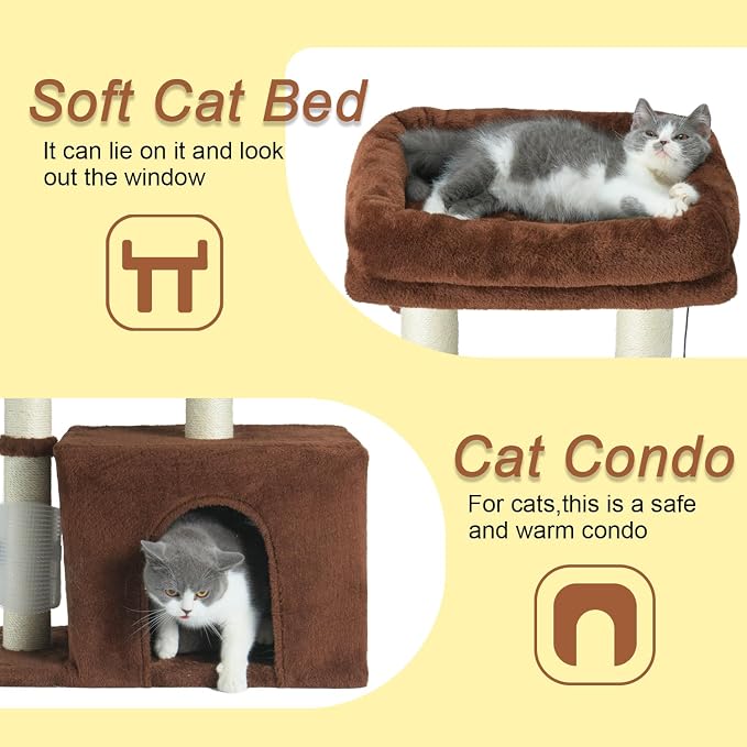 PEEKAB Small Cat Tree Tower,Scratching Post with Condo and Perch for Indoor Cats and Kittens,with Dangling Ball Massage Brush,Brown - Image 3