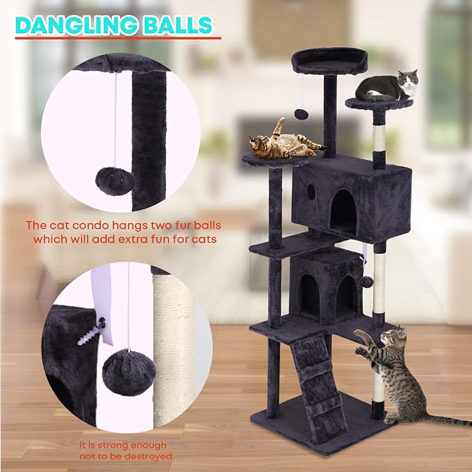 FDW | 70" Cat Tree Tower | Ashy | Multi-Level Indoor Activity Center with Sisal Scratching Posts, Condos, Plush Perches, Hanging Cat Toys | Sturdy, Easy to Assemble | for Kittens & Adult Cats - Image 3