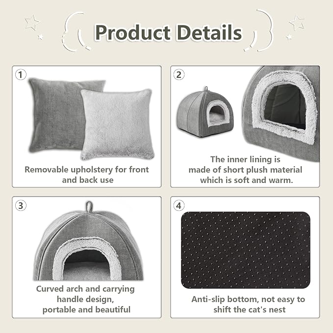 Cat Bed Cave-Cat Beds for Indoor Cats,Kittens and Small Pets,Soft and Warm Cats House Tent Bed,Foldable and Washable with Removable Cushioned and Anti Slip Bottom,Grey 15inches - Image 4