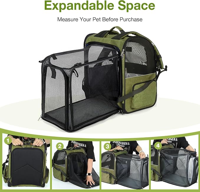 Large Cat Backpack Carrier Expandable Pet Carrier Backpack for Small Dogs Medium Cats Fit Up to 18 Lbs, Dog Backpack Carrier, Foldable Puppy Backpack Carrier for Travel,Dark Green, Large - Image 4