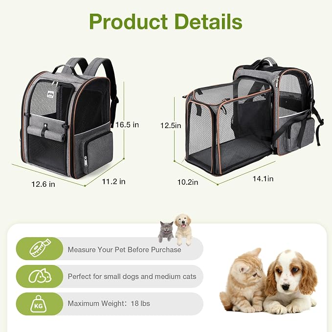 Cat Carrier Backpack, Expandable Pet Carrier with Sun Shade & Full Front Opening, Breathable Mesh Backpack for Small Dogs & Medium Cats Up to 18 Lbs, Foldable for Hiking, Camping (Grey) - Image 2