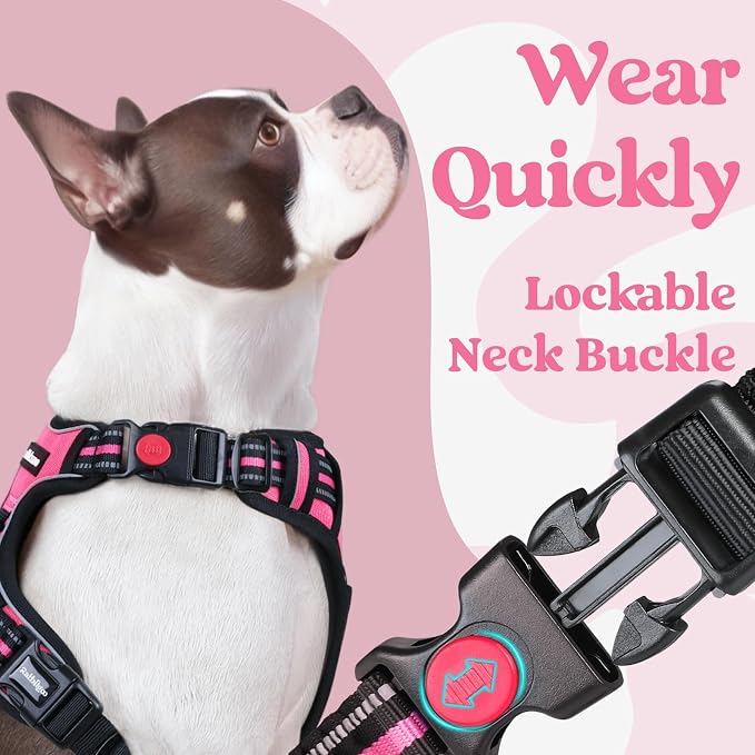rabbitgoo Dog Harness Medium Sized, Updated Easy On & Off with 3 Buckles | No Pull No Choke, Walking with 2 Clips and Handle, Adjustable Soft Reflective, Rose Pink, Medium - Image 3