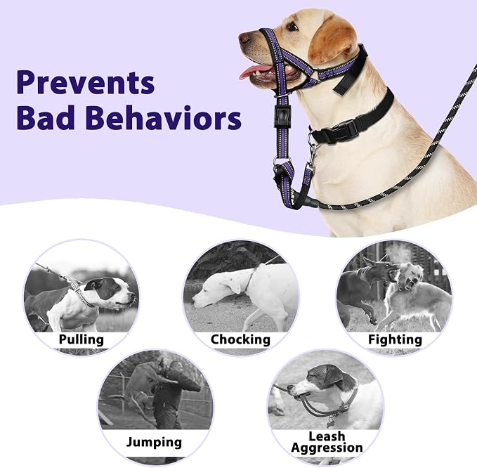 BARKLESS Soft Dog Head Collar, Patented Padded No Pull Head Halter, Training Nose Leash with Safety Link for Medium Large Dogs, Adjustable Muzzle Leash, Easy Control for Walking (XL, Purple) - Image 6