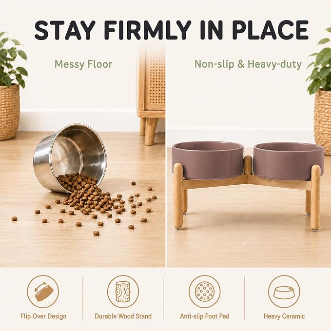 Havniva Ceramic Dog Bowls Elevated, Raised Dog Food Bowl for Large Dogs | 8.3” Elevated Dog Bowls, Non-Slip Wood Stand, Dog Food and Water Bowl Set, Dog Feeding Dish, Large Capacity Pet Water Bowl - Image 5
