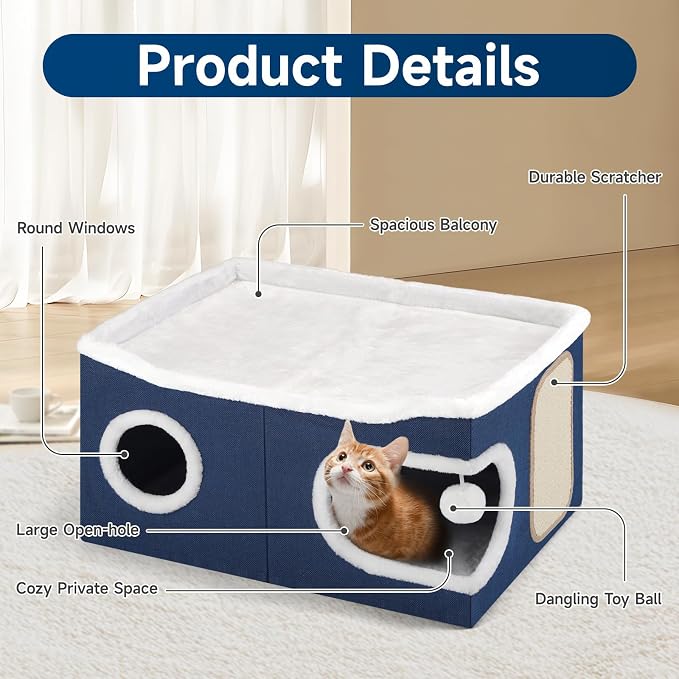 Shikha Extra Large Cat House Bed for Multi Cats with Scratch Pad Blue | 24 x 17.7 x 12.6 IN Widen Cat Cave Cube for Multi Pets, Foldable, Arc-Edge Design, Oval Door, All Seasons Reversible Cushion - Image 3