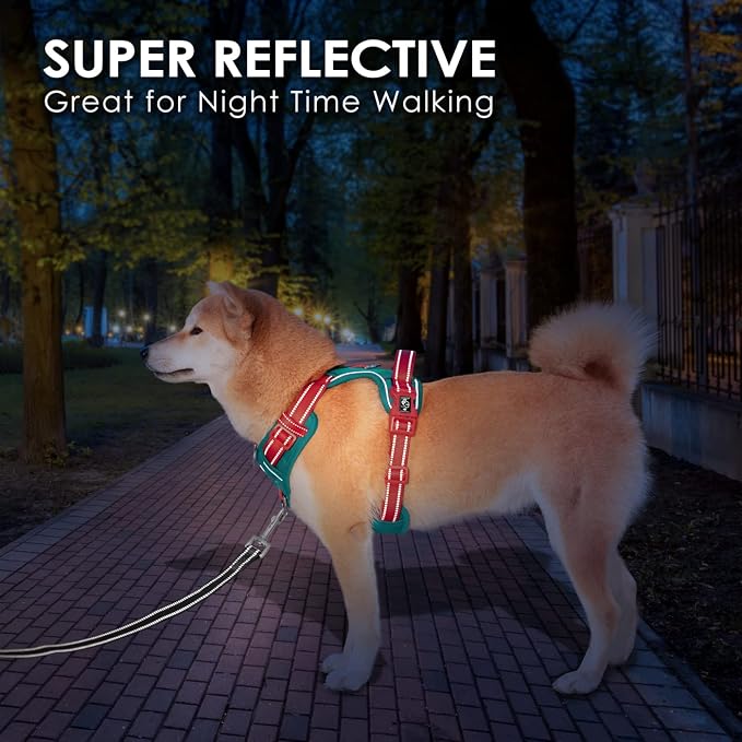 No Pull Dog Harness, Unique Colors Reflective Adjustable Dog Vest | with Soft Training Handle Metal Clips for Small Medium Large Dogs (Dark Green Base & Red Straps,XL) - Image 6