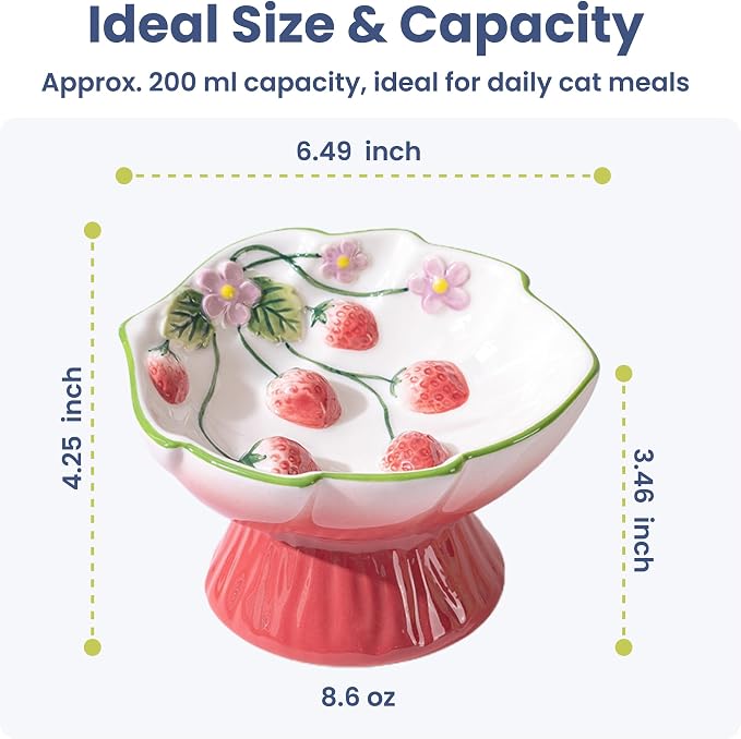 Strawberry Blooms Elevated Ceramic Cat Bowl, Red | Raised Cat Food Bowl with 15° Tilt, Whisker-Friendly Pet Feeding Bowl, Anti-Choking Dish, Dishwasher Safe - Image 8