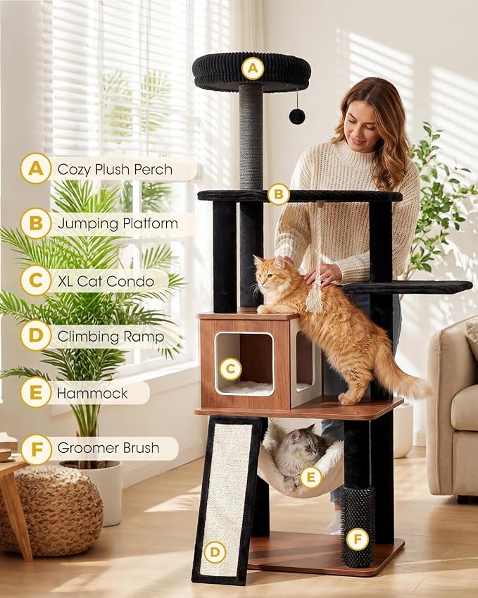 61" Wood Cat Tree Tower, Modern Cat Furniture for Indoor Cats | Engineered Wood & Plush | 61"Modern Cat Tower | 20 lbs Per Platform | Anti-Tip Base | Sisal Posts | Washable Cushions - Image 2