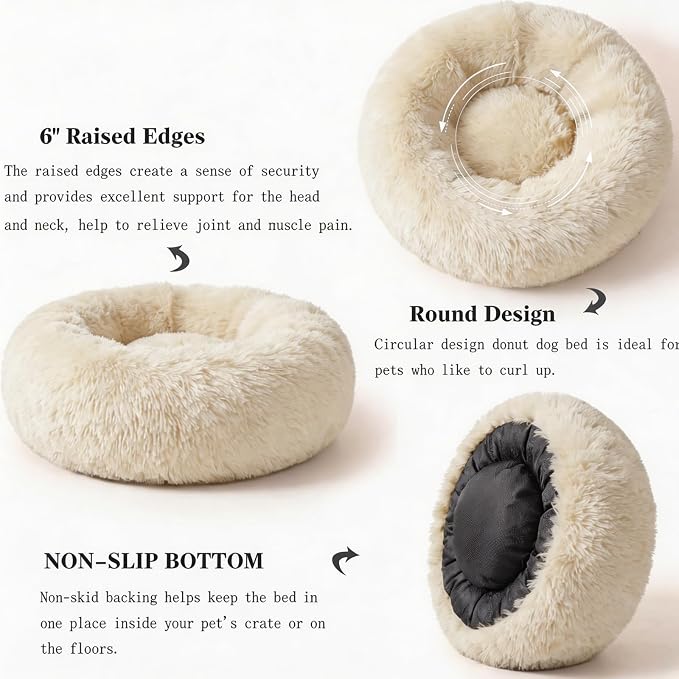 nononfish Dog Bed for Small Dogs,Calming Donut Plush Pet Bed | Soft calming donut bed with plush fabric,raised rim support and washable cover for cozy pet sleep. - Image 5