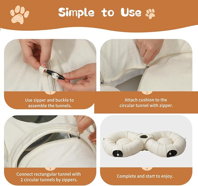 Pawaboo 2-in-1 Cat Tunnel Bed, 8-Shaped Cat Tunnels, Beige | Foldable Cats Cave Hideout Kitty Toys with Fluffy Balls, Donut Tunnel for Kitten Rabbit Ferret - Image 7