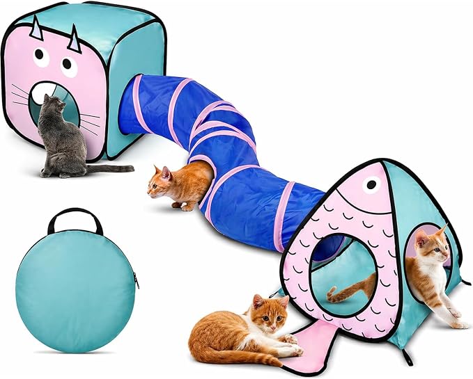 Rypet Cat Toy Tunnel and Cubes Bundle, Play Tubes for Indoor Cats, Blue | 3-in-1 Tunnel Cubes Tent, Crinkle Tube for Play, DIY Shapes, Ball and Bell for Play, Tear-Resistant Polyester, Folds Flat by RYPET
