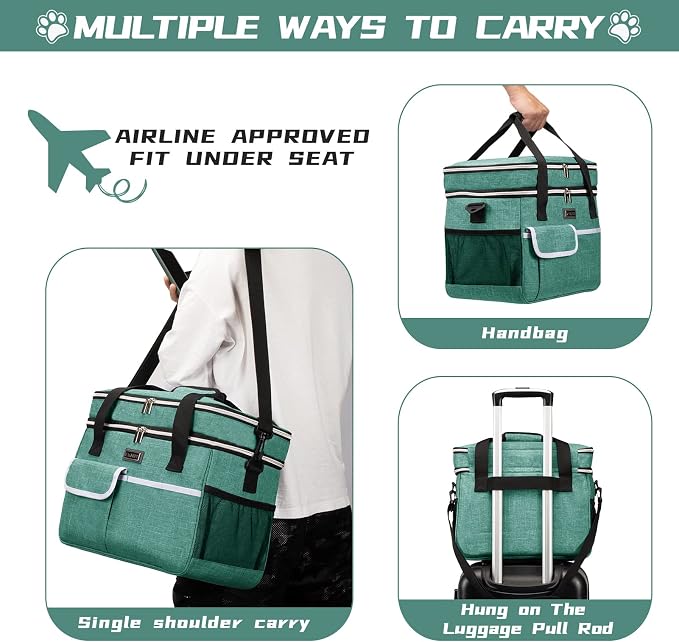 BAGLHER Dog Travel Bag for Supplies - Double-Layer Airline Approved Weekend Pet Travel Organizer Set for Dog and Cat Tote with 2 Pet Food Containers and 2 Collapsible Silicone Bowls Green - Image 6