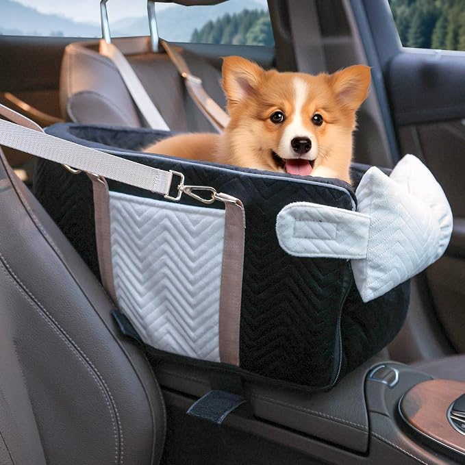 Dog Car Seat for Small Dogs Adjustable Portable Center Console Dog Car Seat Removable Cat Booster Cars Seats - Safety Belt with Cushion Anti-Collapse for Puppy Kitten Up to 15 Lbs (Black) - Image 7