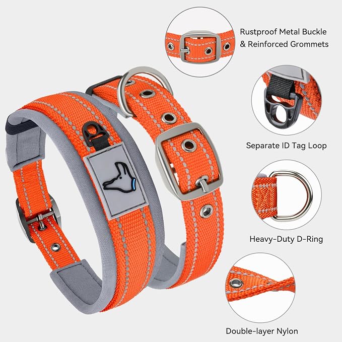 Joytale Reflective Dog Collar for Small Dogs with Wide Padding, Orange | Soft Cushion Reduce Neck Strain, Night Safety Walking, Metal Buckle and Adjustable Eyelets, Separated Dog ID Tag Ring - Image 3