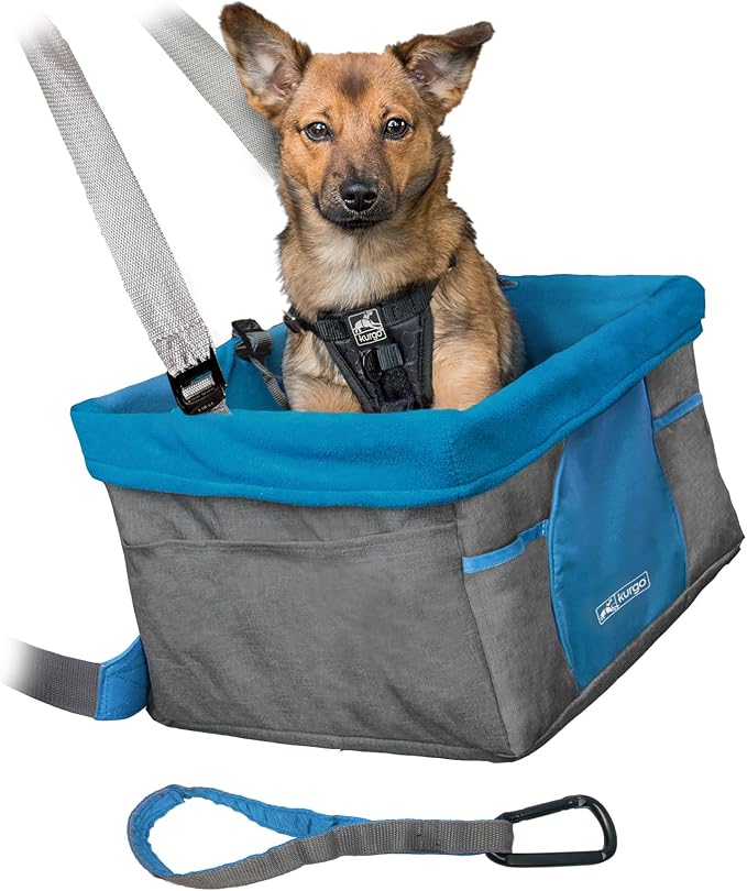 Kurgo Heather Booster Seat, Charcoal/Blue | Car Seat for Pets up to 25Lbs, Waterproof Exterior, Stain Resistant, Removable Washable Liner, Collapsible for Easy Storage by Kurgo