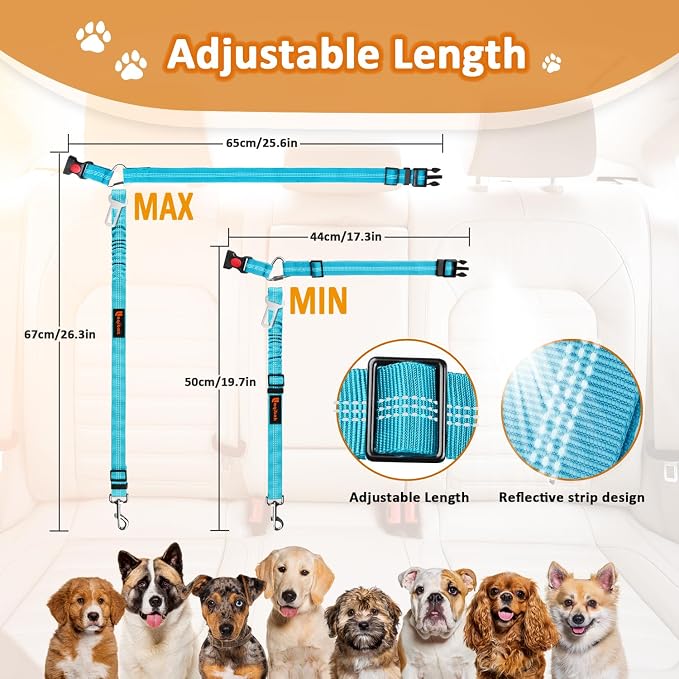 Removable Dog Seat Belt Harness for Car, 3 in 1 Pet Dog Car Seatbelt Leash, Retractable Restraint Secures to Vehicle Headrest & Adjustable Reflective Bungee Dog Seatbelt Tether, Blue and Black | Retractable Headrest-Mounted,Restraint & Adjustable Refle... - Image 2