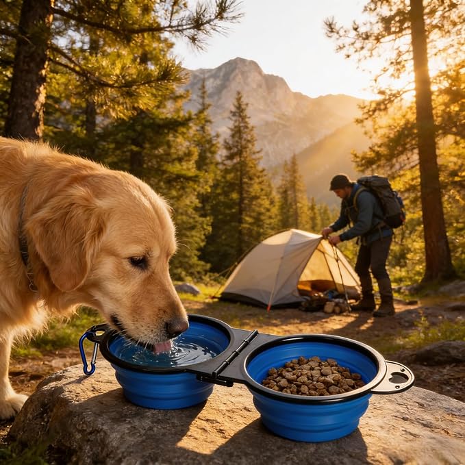 Double Collapsible Dog Bowls for Travel, Food and Water Set with Clip, Blue | 13.5 oz each, folds flat, carabiner clip, walking, hiking, camping, for small and medium pets - Image 7