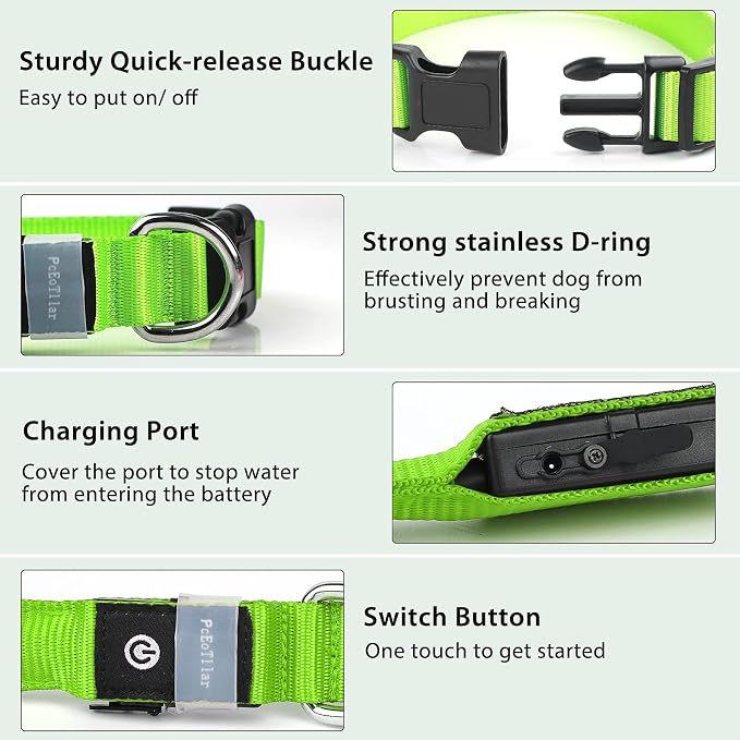 PcEoTllar Light up Dog Collar, Safe for Night Walking, Adjustable, Green, L | Colorful RGB Light, Waterproof, For Small Medium and Large Dogs, Durable Material, USB to Charge - Image 3