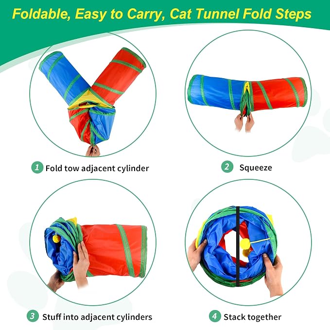 Cat Tunnel 4 Way Collapsible, Interactive Cat Toys for Indoor Cats, 12 PCS Cat Springs Toy Kitten Toys Pack, Large Rainbow Bunny Tunnel Tube with Peephole, Pet Tunnels for Cats Kitty Rabbits - Image 7