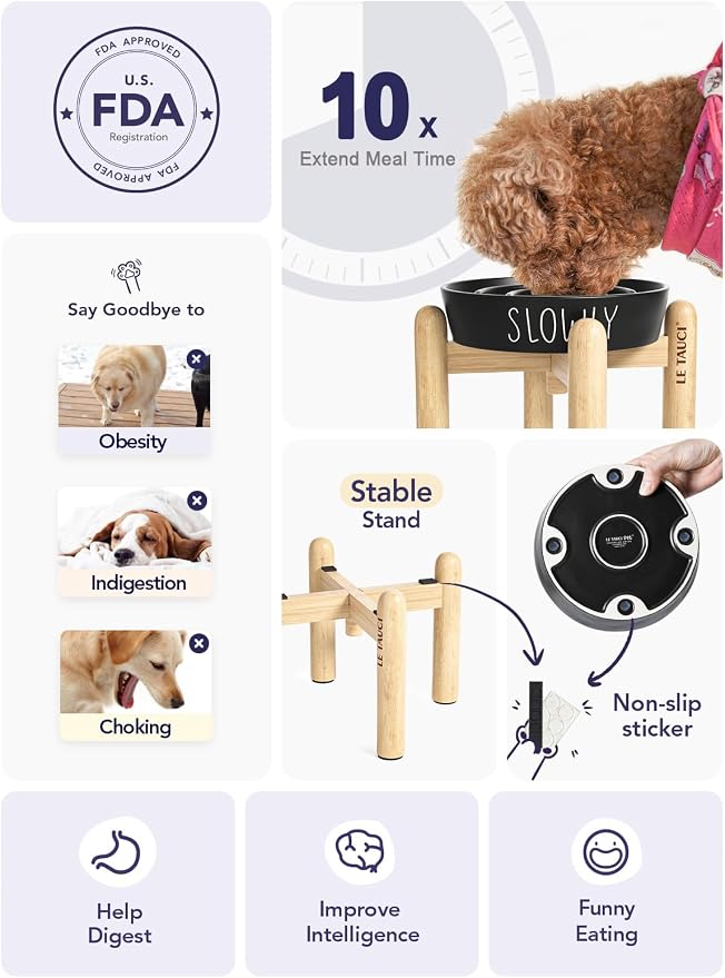 LE TAUCI PET Ceramic Slow Feeder Bowl Elevated - 1.5 Cup with Wood Stand for Small & Medium Breed, Anti-Gulping, Black - Image 4