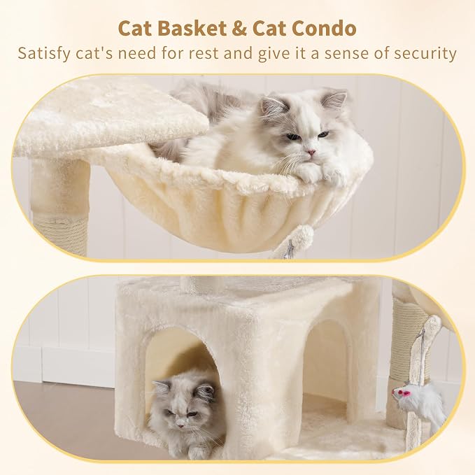Heybly Cat Tree with Toy, 43.3 inch Cat Tower for Indoor Cats HCT004SM | Cat Condo with Durable Sisal Scratching Posts, Cat House with Padded Plush Perch, Cozy Hammock, Beige - Image 3