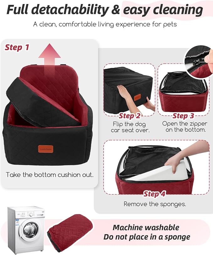 Lealchum Dog Booster Car Seat for Small/Medium Dogs,Puppy Portable Car Bed with Elevated Cushion,Fully Detachable and Washable,2 Storage Pockets,Easy to Install (Blakc/Red, Medium) - Image 6