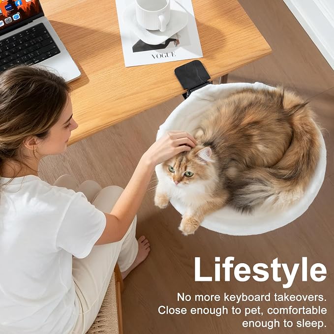 Uross Cat Desk Bed, Space Saving Desktop Folding Cat Hammock Work from Home Office Accessories for Indoor, 2 Interchangeable Covers (Cozy Plush & Breathable Mesh) for All Seasons-Beige - Image 7