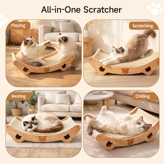 Upgraded Sisal Cat Scratcher Bed, Solid Oak Frame 1.3 cm Thick, 100% Sisal Pad, Curved Scratch Lounger, Stable Base Up to 36 lb, Sofa Protector, Odor-Free, 23.6" x 13.7" - Image 6