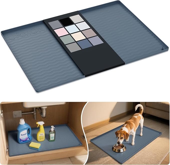URMONA Waterproof Silicone Under Sink Mat 28'' x 19'' Shelf Liner for Kitchen and Bathroom, Cabinet and Counter Protector, Storage and Organizers, Litter Mat, Pet Cat Puppy Essentials(Dark Grey) by URMONA